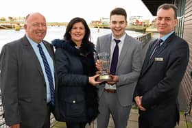 Mary O'Riordan, Southern, presenting the Limerick Person of the Month award to Chris Kelly, Pinpoint Innovations, with Limerick Leader managing editor, Eugene Phelan and Clayton Hotel boss Pat Reddan