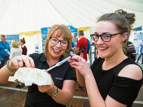 Noelle Maguire, Stryker and Orlaith Cotter, Ennistymon, Clare at last year’s showcase. Orlaith began studying engineering in the last year Picture: Alan Place