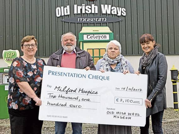 Joan and Denis O'Connor of the Old Irish Ways Museum presented a cheque for €2,100 to Theresa Riordan for Milford Hospice in the presence of Eileen O'Connor | Picture: Dave Gaynor
