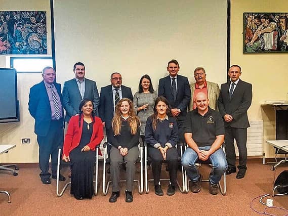 Donegal Youth councillors Shauna Ni Dhochartaigh and Roisin Ni Choistealbha with members of Glenties Municipal District at their meeting on Tuesday.