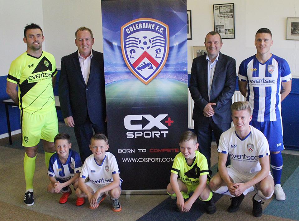 CX+Sport's Ciaran Herr (second from left) and David Minto (second from right) pictured with members of the Coleraine FC first-team and academy at the kit launch on Friday night