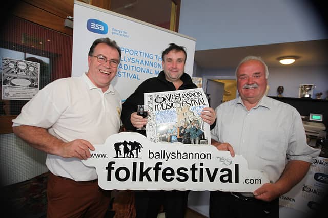 Festival Chairman Eunan Doyle (left) with Brendan O'Reilly and Michael McMahon at the launch of the Ballyshannon Folk Festival in the Abbey Arts Centre. Photo Thomas Gallagher INDD 260617