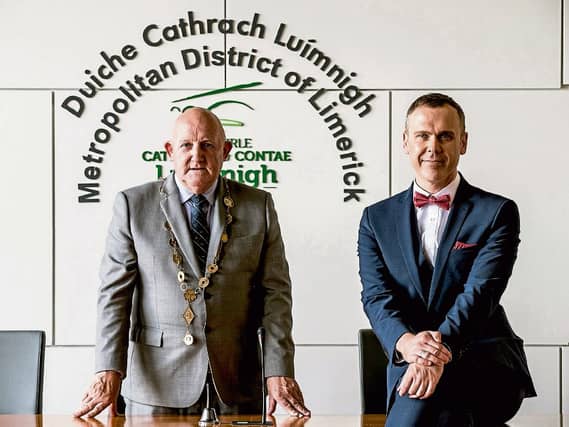 Mayor of Limerick city and county, Cllr Kieran O’Hanlon with ILoveLimerick's Richard Lynch - below with family and friends Pictures: Keith Wiseman