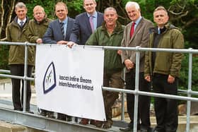 Minister for Fisheries Sean Kyne TD. with Minister Joe McHugh TD, Dr Casey Forde, Dr Ciaran Byrne (CEO Inland Fisheries Ireland) , Gerry McCafferty (Local Fisheries Inspector), Fintan Gorman, and Milt