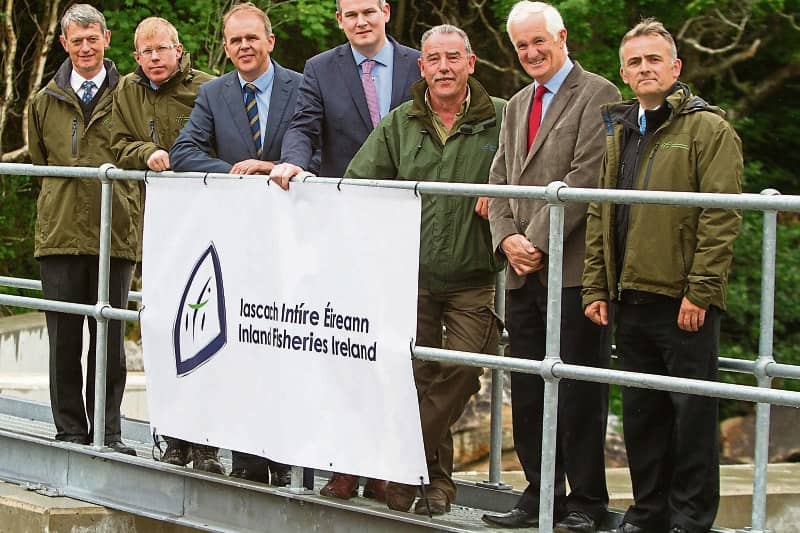 Minister for Fisheries Sean Kyne TD. with Minister Joe McHugh TD, Dr Casey Forde, Dr Ciaran Byrne (CEO Inland Fisheries Ireland) , Gerry McCafferty (Local Fisheries Inspector), Fintan Gorman, and Milt
