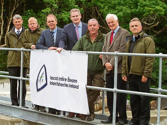 Minister for Fisheries Sean Kyne TD. with Minister Joe McHugh TD, Dr Casey Forde, Dr Ciaran Byrne (CEO Inland Fisheries Ireland) , Gerry McCafferty (Local Fisheries Inspector), Fintan Gorman, and Milt