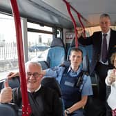 Driving the novena bus!  Fr Seamus Enright, Sgt Kevin Balfe, bus driver Eamonn O' Sullivan, and Teresa Delaney, at the launch of Novena 2017 Picture: Michael Cowhey