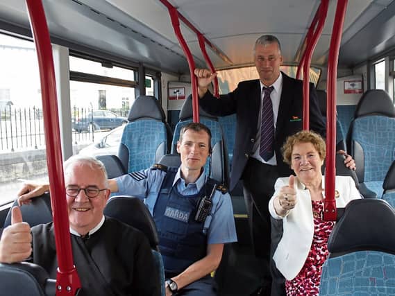 Driving the novena bus! Fr Seamus Enright, Sgt Kevin Balfe, bus driver Eamonn O' Sullivan, and Teresa Delaney, at the launch of Novena 2017 Picture: Michael Cowhey