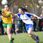 Geraldine McLaughlin gets her pass away during Sunday's Division One meeting with Monaghan in Termon. Photo: Geraldine Diver.