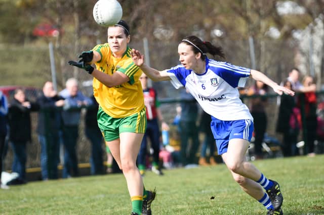 Geraldine McLaughlin gets her pass away during Sunday's Division One meeting with Monaghan in Termon. Photo: Geraldine Diver.