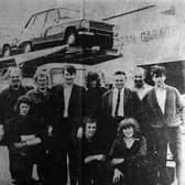 A nostalgic image of staff at the Northern Garage in Donegal town.