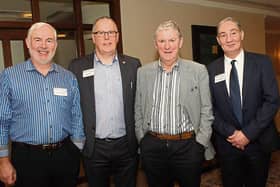 Joe Coyle with speakers, Liam Currams, Offaly All Ireland Football and Hurling winner; Eugene McGee, Former Offaly All Ireland Winning Manager; and Donal Reid. (jmac.ie)