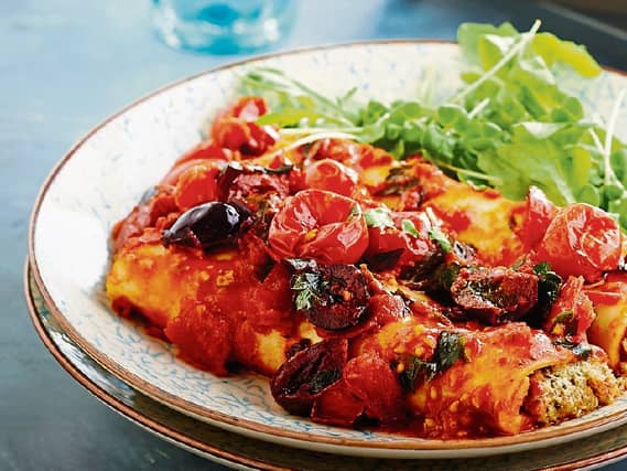 Cannelloni comes from the Italian for "large reeds" is a cylindrical type of pasta generally served baked with a filling