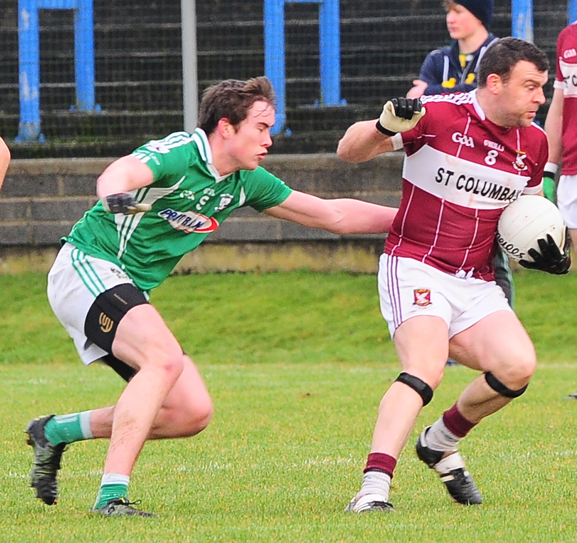 Ruairi McElligott on the ball for Mullinalaghta St Columba's in this tussle with Clonguish opponent Peter Hanley. Action from the Leader Cup Final at Glennon Brothers Pearse Park. Photo: D Gilmore