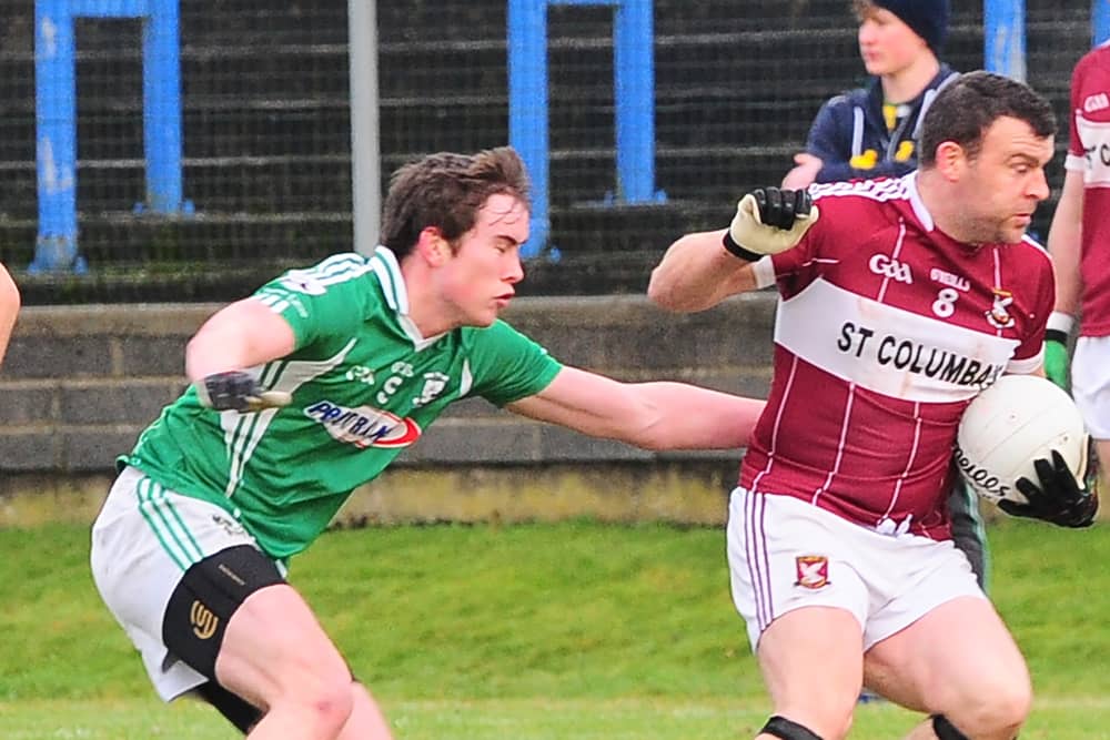 Ruairi McElligott on the ball for Mullinalaghta St Columba's in this tussle with Clonguish opponent Peter Hanley. Action from the Leader Cup Final at Glennon Brothers Pearse Park. Photo: D Gilmore