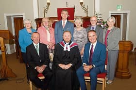 At the reopening of the Newtowncunningham Presbyterian Church are members of the session: Back Row from left to right, Elder Emeritus  Mrs Moira Edwards and Mrs Ruby Gibson Elders, Mr Ian Edwards, Mrs
