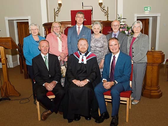At the reopening of the Newtowncunningham Presbyterian Church are members of the session: Back Row from left to right, Elder Emeritus Mrs Moira Edwards and Mrs Ruby Gibson Elders, Mr Ian Edwards, Mrs