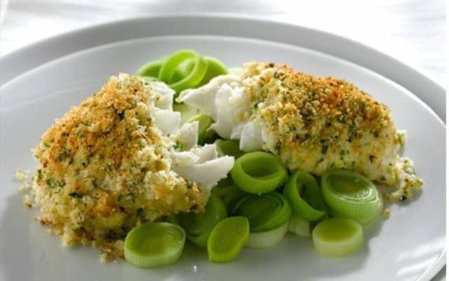 Crusted Haddock with Herb Mash And Creamy Leeks.