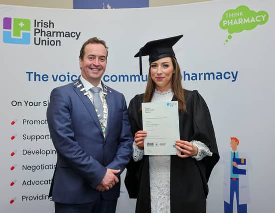 Pictured is IPU President Tom Murray with Orlagh Mealy, Loughreys Pharmacy