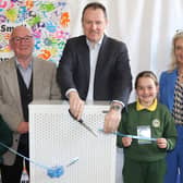 Cutting the ribbon to launch the Clear Air project at Scoil Naomh Bríd in Muff are Dr Caitriona Strain, Cllr Terry Crossan, Minister of State Charlie McConalogue and GP Dr Ciara Steele