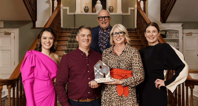 Winners of Home of the Year 2025 Amy and Eoin Martin with judges Hugh Wallace, Amanda Bone, and Siobhan Lam