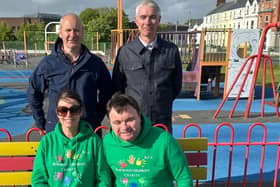 New Buddy Bench at Play Park; Adrian McMyler and Tanya McLaughlin, of the Buncrana Children’s Charity, with Gerard Porter and Patrick Doherty, from Buncrana Tidy Towns, standing at the back.
