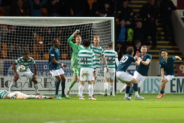 Arne Engels lobbed the ball off the crossbar before the break after Maeda had collided with Motherwell goalkeeper Calum Ward following Callum McGregor’s lofted ball.