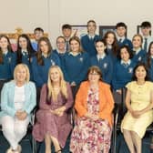 HSE and Donegal Hospice Staff  with students of Caolaiste Ailigh and special guest Mairead Ni Mhaonaigh at the launch of "You, Me and Palliative Care"project.  (North West Newspix)