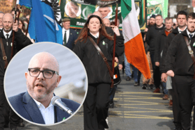 Marchers make their way to the commemoration and (inset) Sinn Fein MEP Chris MacManus. Photos: Thomas Gallagher