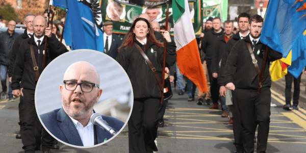 Marchers make their way to the commemoration and (inset) Sinn Fein MEP Chris MacManus. Photos: Thomas Gallagher