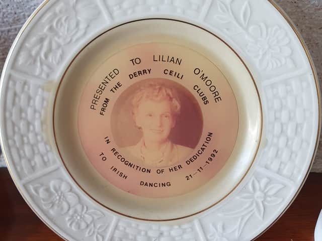 A presentation to Lillian from Derry Irish Dancing teacher Pat Dillon.