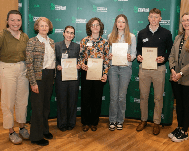Kayla McCann, Stryker, with the company’s scholarship recipients Erin McCauley, Lenka Ondrovicova, Orlaith Buckley and Conor Murphy, alongside Karen Ryan of Stryker