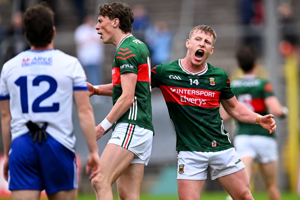 Ryan O'Donoghue, right, and Kobe McDonald of Mayo celebrate after victor over Monaghan.