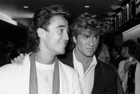 Black and white image of Andrew Ridgeley and George Michael