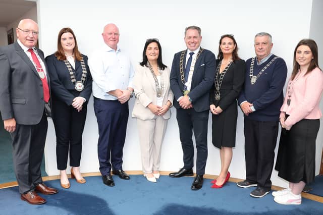 New Cathaoirligh and Mayors for 2026-2027. L-R: Cllr John Reilly, Leas Cathaoirleach of Dundalk Municipal District; Cllr Andrea McKevitt, Cathaoirleach of Dundalk Municipal District; Cllr Shane McGuinness, Leas Cathaoirleach of Louth County Council; Cllr Dolores Minogue, Cathaoirleach of Louth County Council; Cllr Declan Power, Mayor of the Borough District of Drogheda; Cllr Anne Marie Ford, Deputy Mayor of the Borough District of Drogheda; Cllr Jim Tenanty, Cathaoirleach of Ardee Municipal District and Cllr Rachel Kerley, Leas Cathaoirleach of Ardee Municipal District