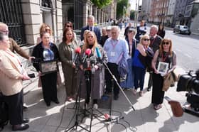 Donna Harper, (centre) whose daughter Leona died in the Creeslough tragedy, and Sinn Féin leader Mary Lou McDonald speaking to the media as they join families that were affected by the explosion to discuss calls for a public inquiry at Leinster House, Dublin