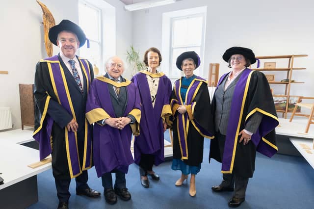 Pictured from left to right: Dr Billy Bennett (ATU Registrar and Chief Academic Officer), Michael D Higgins (Former President of Ireland), Mary V Mullin (Founder member of the Crafts Council of Ireland), Dr Orla Flynn (ATU President) and Maura McNally, SC, (Chair of Governing Body).