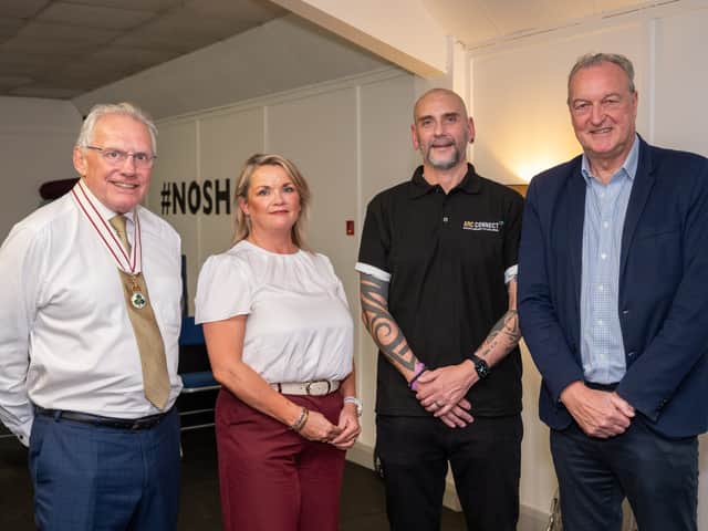 Pictured at ARC Fitness HQ: Lord Lieutenant for the County Borough of Londonderry, Ian Crowe MBE,  Health and Social Wellbeing Improvement Manager at the Public Health Agency, Shauna Houston, ARC Founder and Strategic Coordinator Gary Rutherford; and Mike Farrar, the Permanent Secretary of the Department of Health,