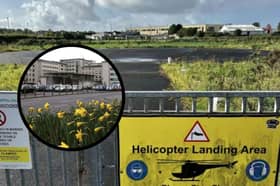The helicopter landing area; inset, UHG