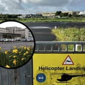 The helicopter landing area; inset, UHG
