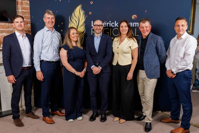 Photographed at the launch of the Chamber regional business awards are, left to right, Connor Cunnane, BD, Damien Lee, Treaty Software, Emma Morgan, vice-president Limerick Chamber, Donnacha Hurley, Limerick Chamber chief executive, Gillian Barry, TUS, Graham Burns, awards committee chair and Glenn Graham, AIB | PICTURE: Arthur Ellis
