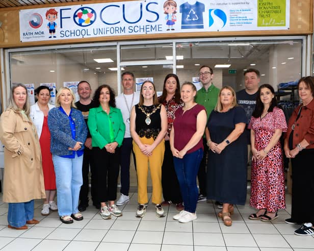 Mayor Grace Uí Niallais with representatives from the Anti-Poverty Task & Finish Group, and volunteers at the official opening of the Focus School Uniform Outlet at Ráth Mór. 