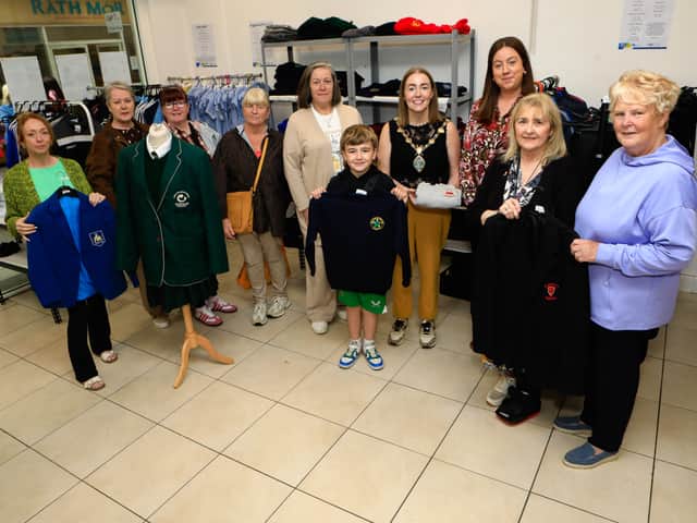 Mayor Grace Uí Niallais with Amie Gallagher, co-ordinator Focus Project, and volunteers at the official opening of the Focus School Uniform Outlet at Ráth Mór.