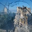 A damaged residential building after a Russian strike on Kyiv
