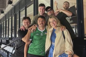 Former Limerick hurler Declan Hannon and his wife broadcaster Louise Cantillon pictured with Kneecap member Naoise Ó Cairealláin aka Móglaí Bap Picture: Louise Cantillon Instagram