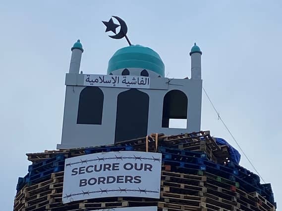 The bonfire with a replica mosque in Moygashel, Co Tyrone