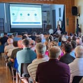 Ruth Cormican, member of the Coxtown Protection Committee, speaking at a packed public meeting in Killalaghton Hall last Sunday 