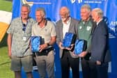 Morton Games Director Noel Guiden, 1976 Olympians Eamonn Coghlan, Danny McDaid & Eddie Leddy and Michael Kearney (President Clonliffe Harriers) pictured when they were honoured at last Friday’s Morton Games International meeting in Dublin