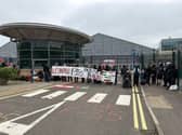 Pro-Palestinian protesters outside a factory