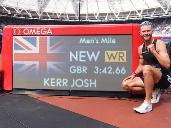 Great Britain’s Josh Kerr celebrates after winning and breaking a world record in the Men’s 1 Mile final during the Novuna London Athletics Meet at the London Stadium.